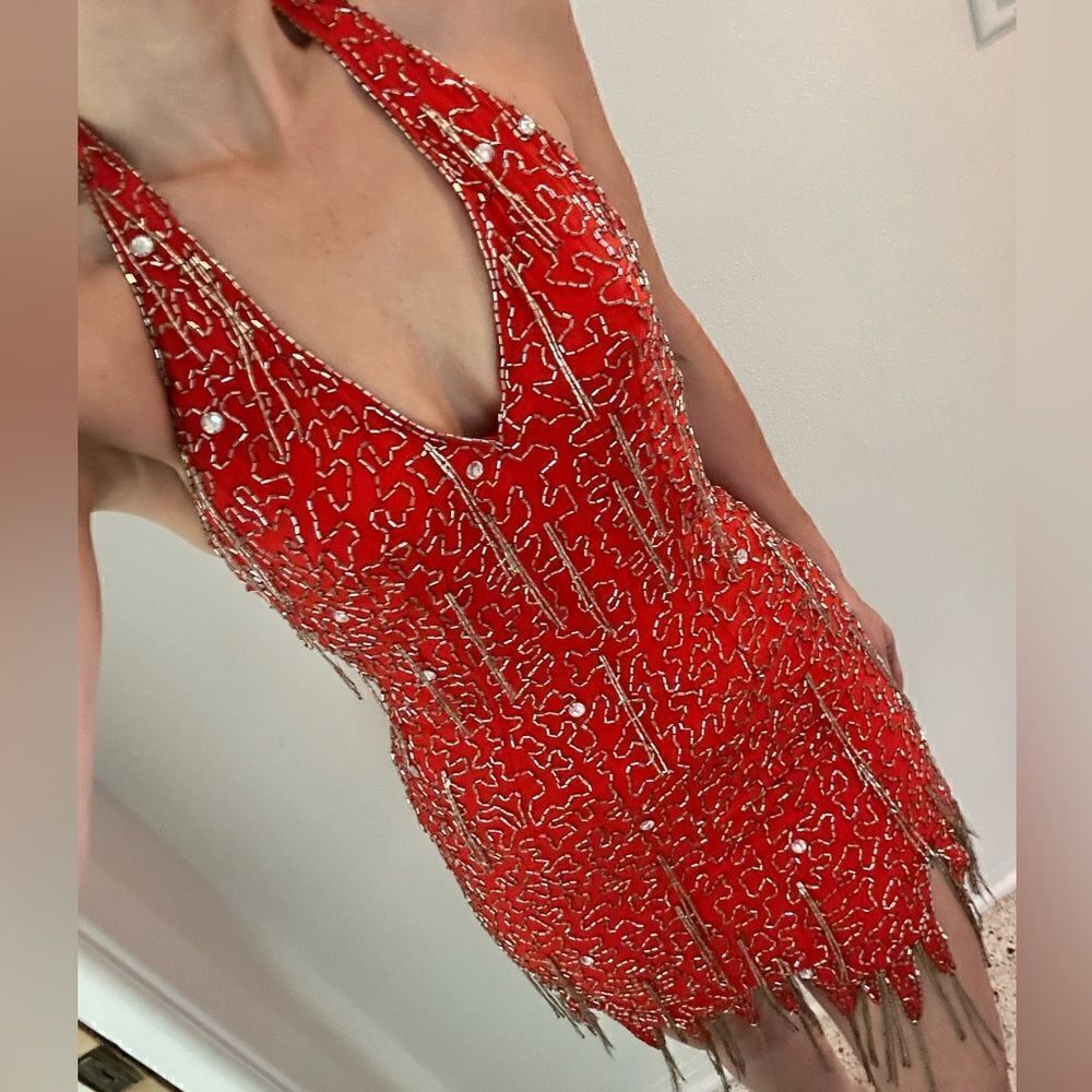 Nite Line orange mini silver beaded fringe low back dress 4 showgirl